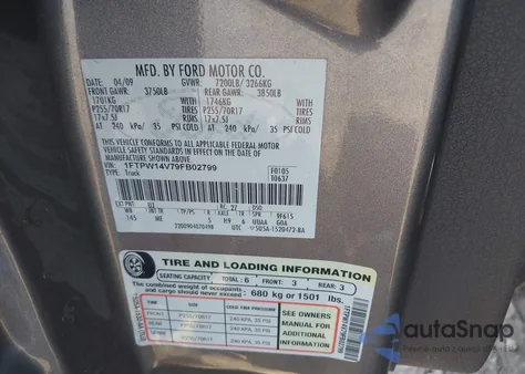 2009 Ford F-150 Fx4/King Ranch/Lariat/Platinum/Xl/Xlt z USA, uszkodzony, nr VIN 1FTPW14V79FB02799